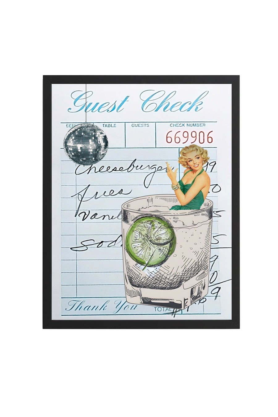 Doğal Ahşap Çerçeveli Retro Tablo - Yaz Cocktail Çizimi | huhu2205
