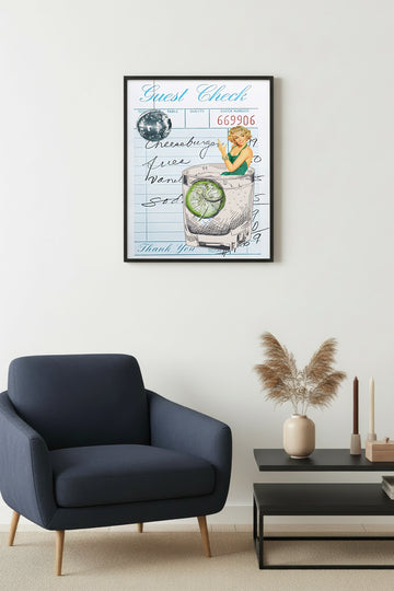 Doğal Ahşap Çerçeveli Retro Tablo - Yaz Cocktail Çizimi | huhu2205