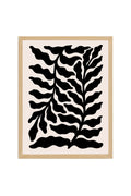 Doğal Ahşap Çerçeveli Tablo - Retro Yaprak Desenli Siyah Beyaz Grafik | huhu2208