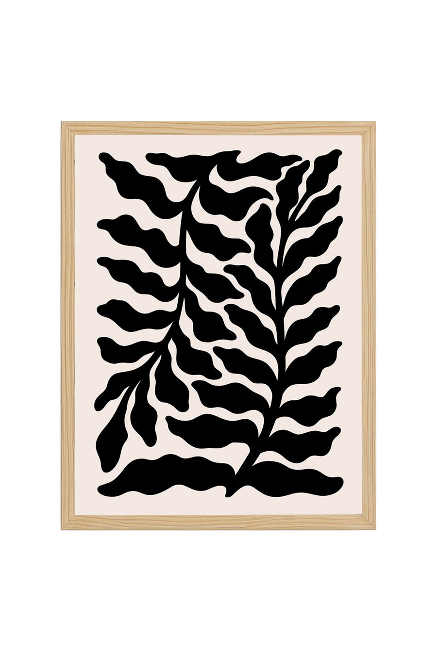 Doğal Ahşap Çerçeveli Tablo - Retro Yaprak Desenli Siyah Beyaz Grafik | huhu2208