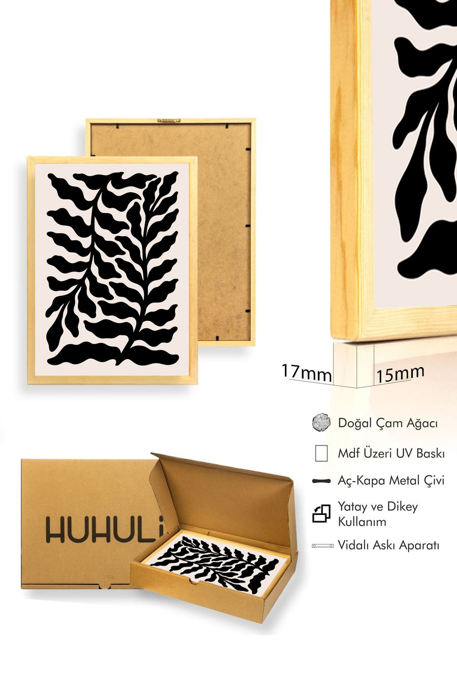 Doğal Ahşap Çerçeveli Tablo - Retro Yaprak Desenli Siyah Beyaz Grafik | huhu2208