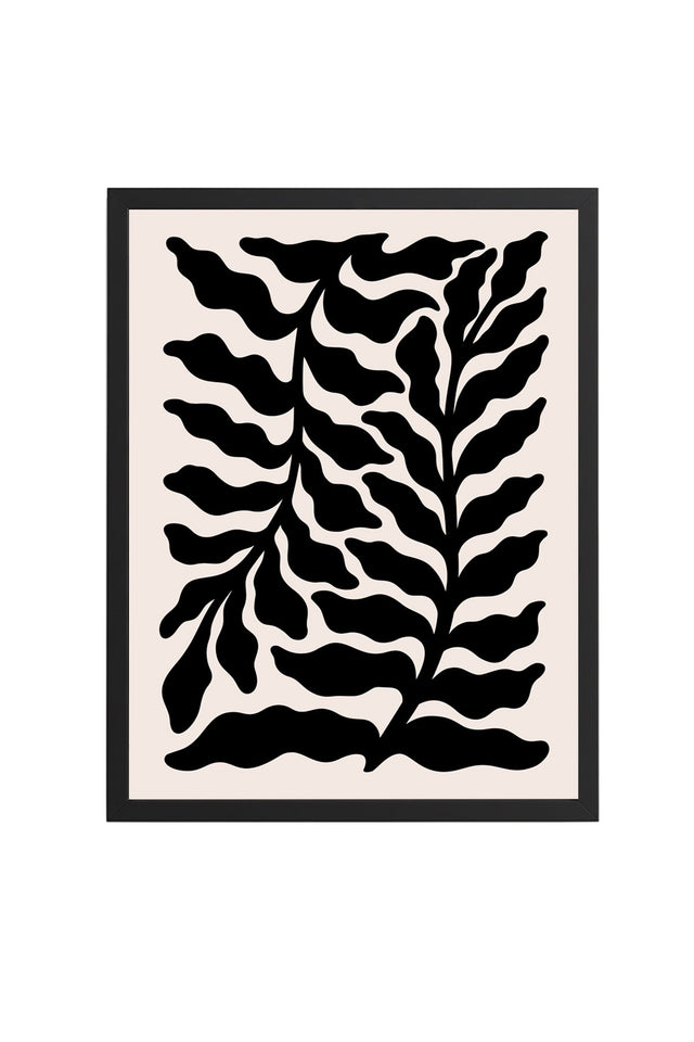 Doğal Ahşap Çerçeveli Tablo - Retro Yaprak Desenli Siyah Beyaz Grafik | huhu2208