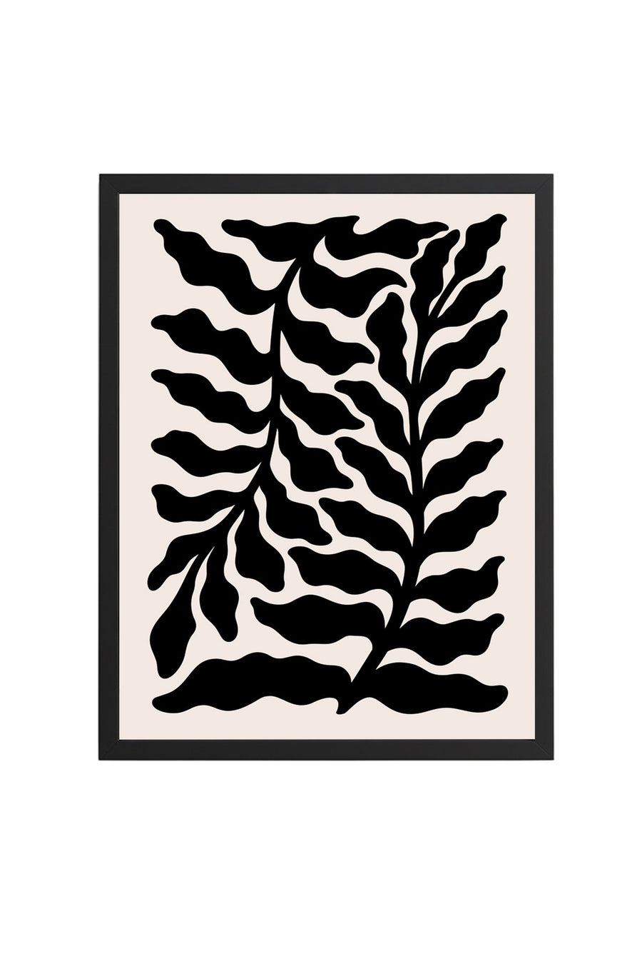 Doğal Ahşap Çerçeveli Tablo - Retro Yaprak Desenli Siyah Beyaz Grafik | huhu2208