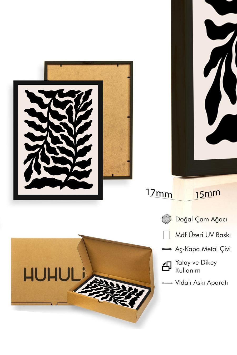 Doğal Ahşap Çerçeveli Tablo - Retro Yaprak Desenli Siyah Beyaz Grafik | huhu2208