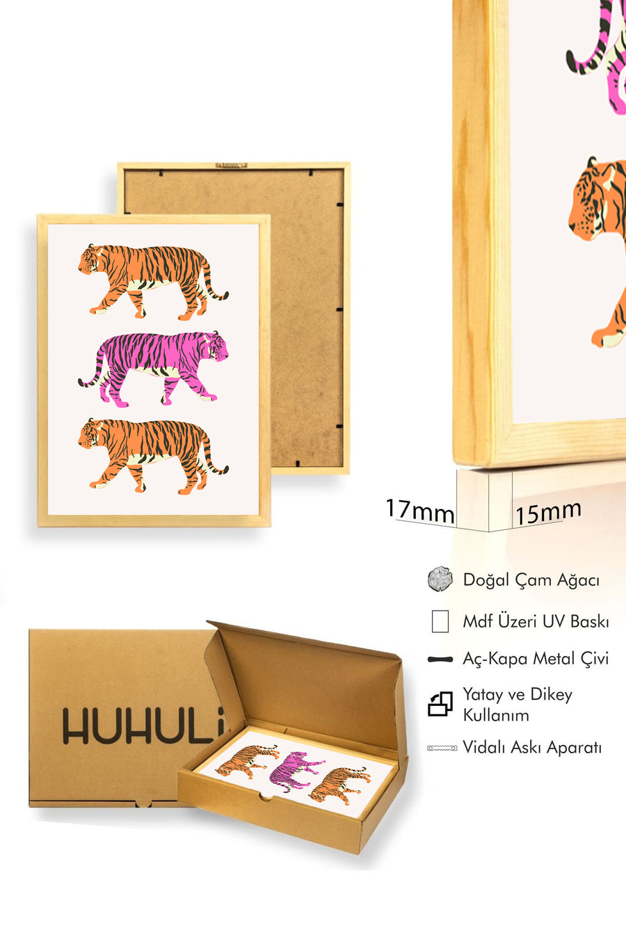 Doğal Ahşap Çerçeveli Retro Tablo - Tropikal Tiger Desenli Sanat Tablo | huhu2209