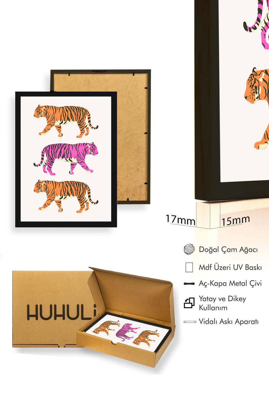 Doğal Ahşap Çerçeveli Retro Tablo - Tropikal Tiger Desenli Sanat Tablo | huhu2209