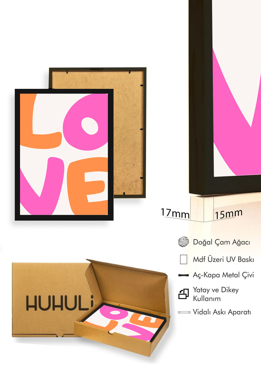Doğal Ahşap Çerçeveli Pop Art Love Tablo - Pembe Turuncu Yazı | huhu2211
