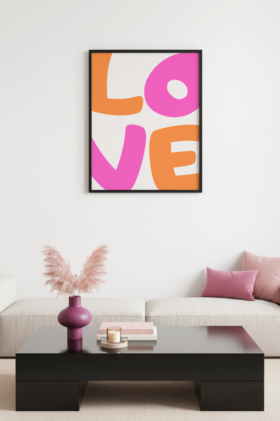 Doğal Ahşap Çerçeveli Pop Art Love Tablo - Pembe Turuncu Yazı | huhu2211