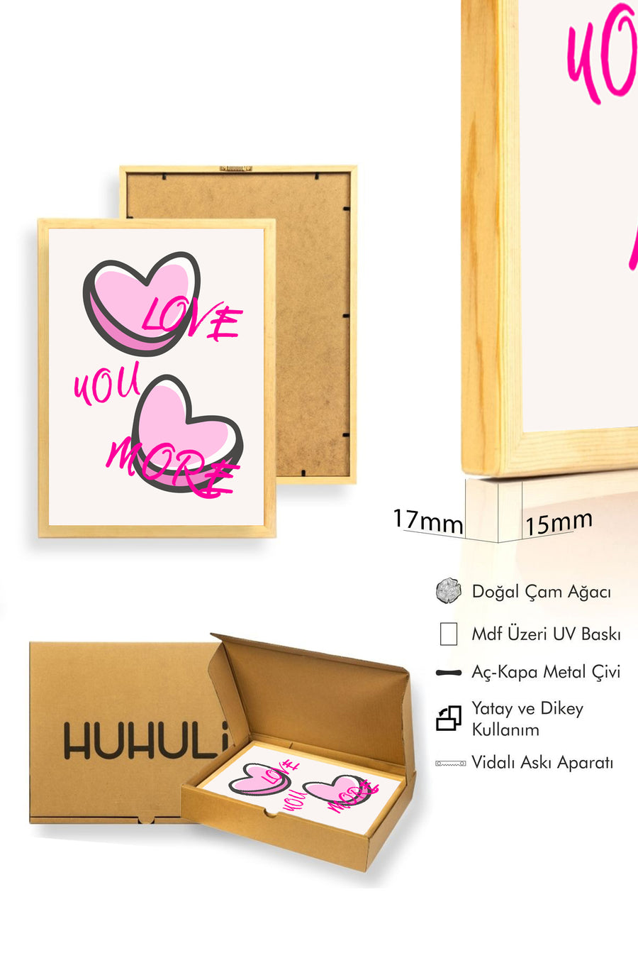 Doğal Ahşap Çerçeveli Retro Kalp Tablo - Love You More Romantik Tasarım | huhu2215