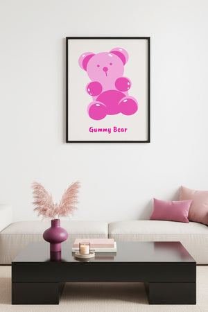 Doğal Ahşap Çerçeveli Retro Tablo - Pembe Gummy Bear Cartoon Tasarım | huhu2217
