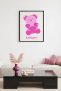 Doğal Ahşap Çerçeveli Retro Tablo - Pembe Gummy Bear Cartoon Tasarım | huhu2217