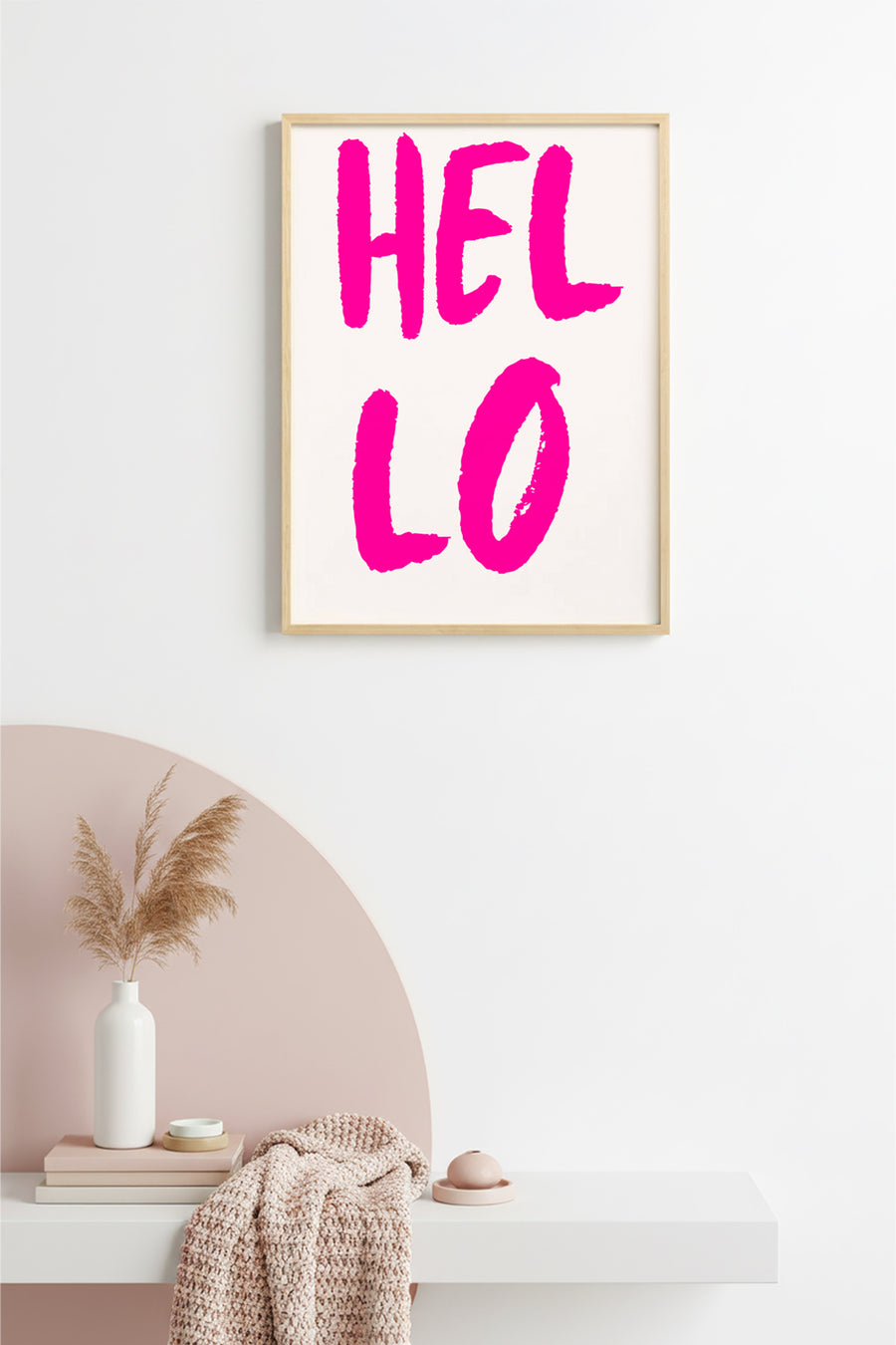 Doğal Ahşap Çerçeveli Retro Tablo - Hello Yazılı Pembe Tipografi Tablo | huhu2219