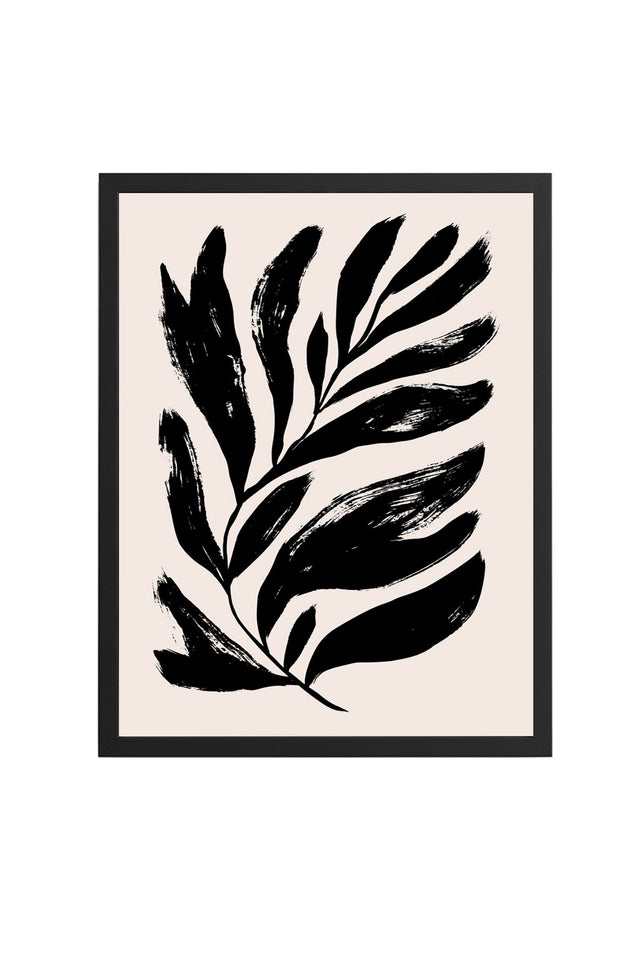 Doğal Ahşap Çerçeveli Retro Tropikal Yaprak Tablo - Siyah Botanik Desen | huhu2220