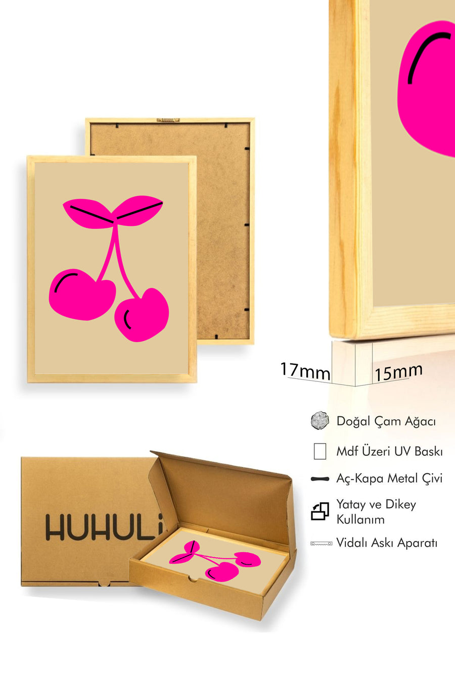 Doğal Ahşap Çerçeveli Retro Kiraz Tablo - Canlı Pembe Tonlar | huhu2223
