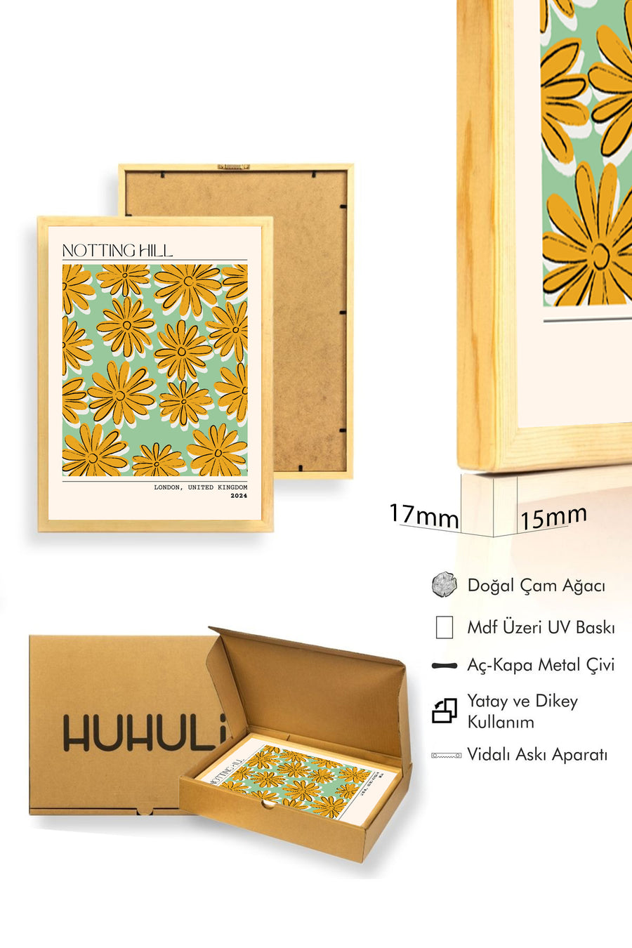 Doğal Ahşap Çerçeveli Retro Çiçekli Tablo - Sarı Yeşil Desenli | huhu2227