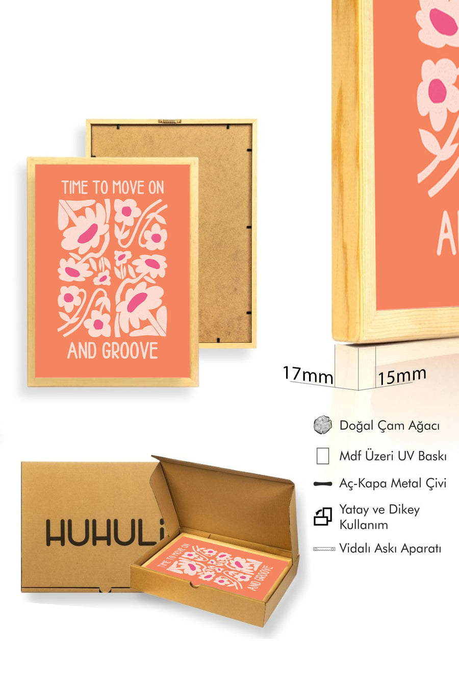 Doğal Ahşap Çerçeveli Retro Floral Tablo - Pembe Tonlu Çiçek Desenli | huhu2228