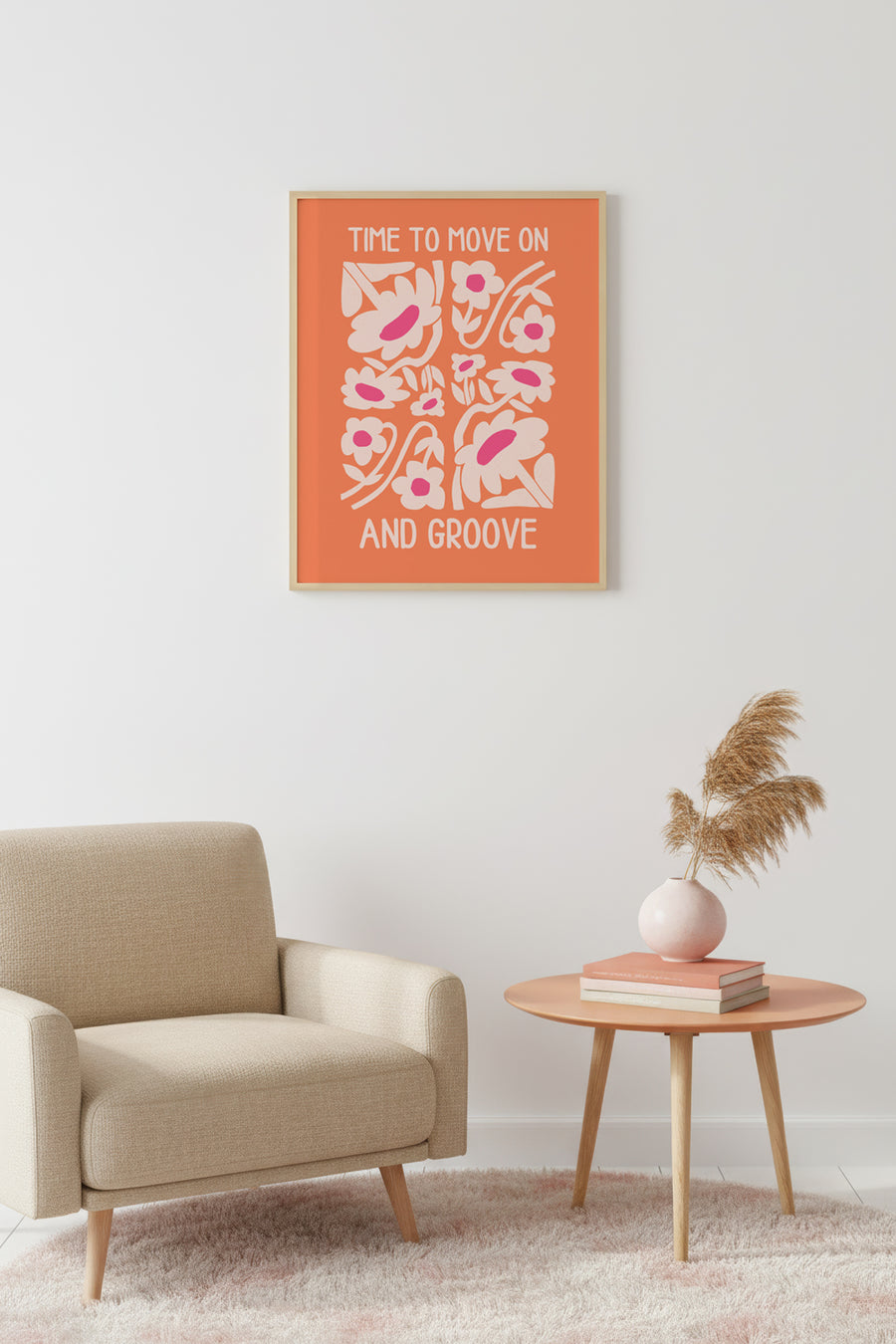 Doğal Ahşap Çerçeveli Retro Floral Tablo - Pembe Tonlu Çiçek Desenli | huhu2228