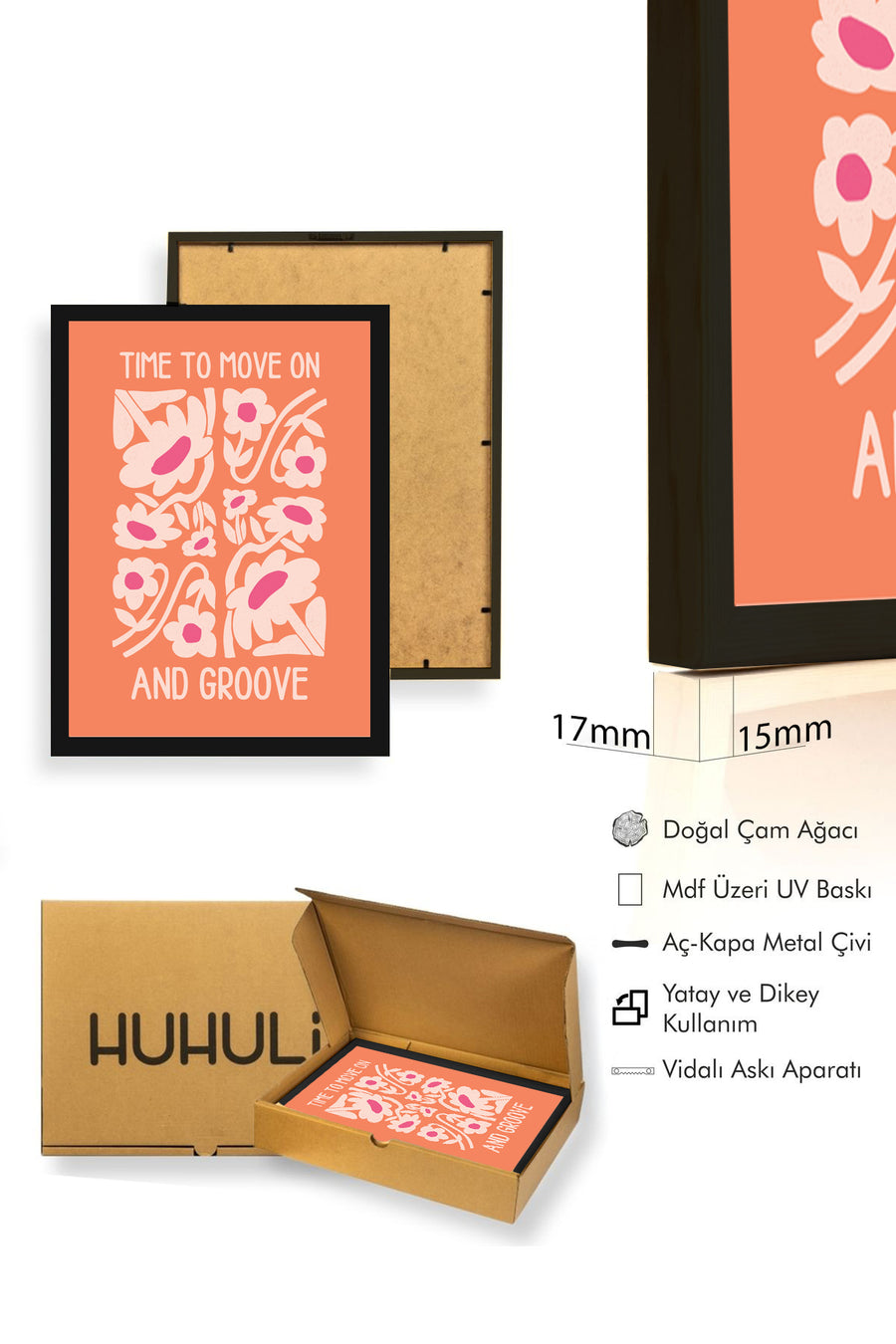 Doğal Ahşap Çerçeveli Retro Floral Tablo - Pembe Tonlu Çiçek Desenli | huhu2228