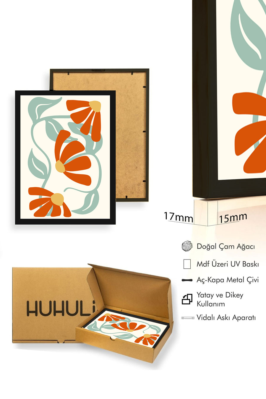 Doğal Ahşap Çerçeveli Retro Floral Tablo - Turuncu Çiçekler ve Yapraklar | huhu2229