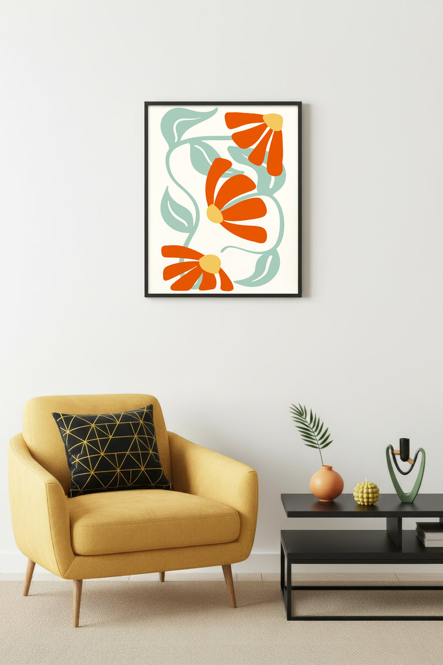 Doğal Ahşap Çerçeveli Retro Floral Tablo - Turuncu Çiçekler ve Yapraklar | huhu2229