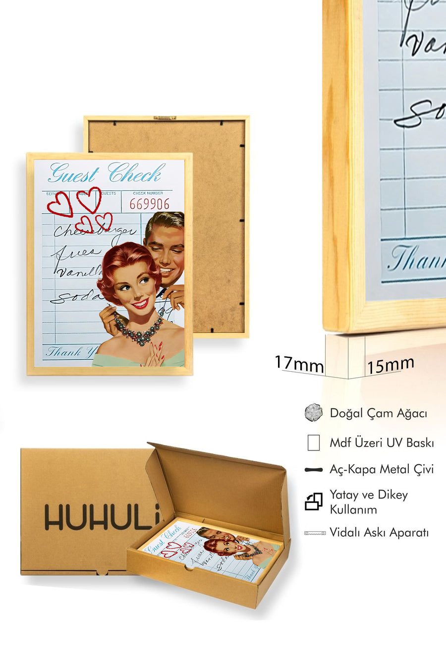 Doğal Ahşap Çerçeveli Retro Tablo - Kalpli Vintage Pop Art Tasarım | huhu2231