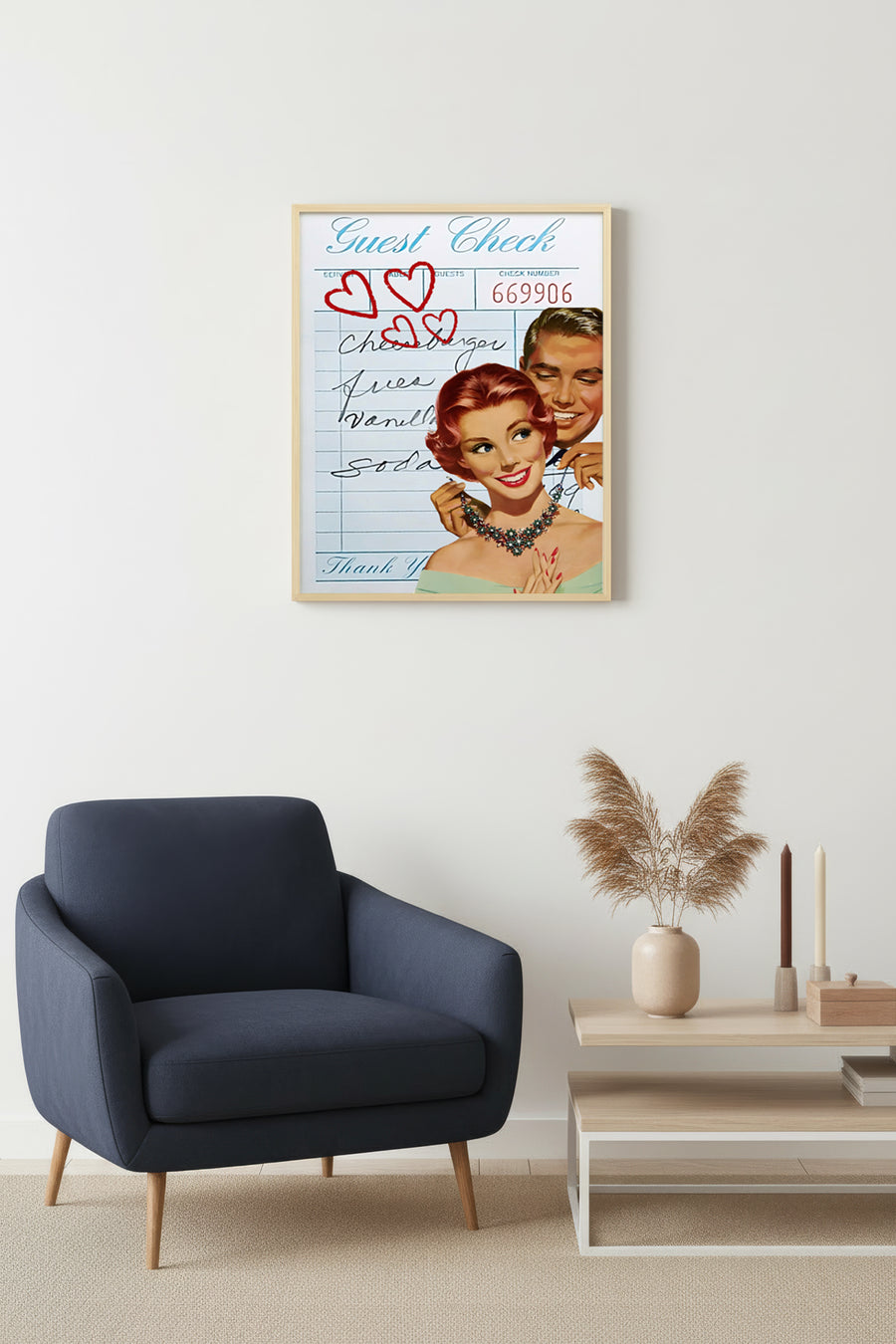 Doğal Ahşap Çerçeveli Retro Tablo - Kalpli Vintage Pop Art Tasarım | huhu2231