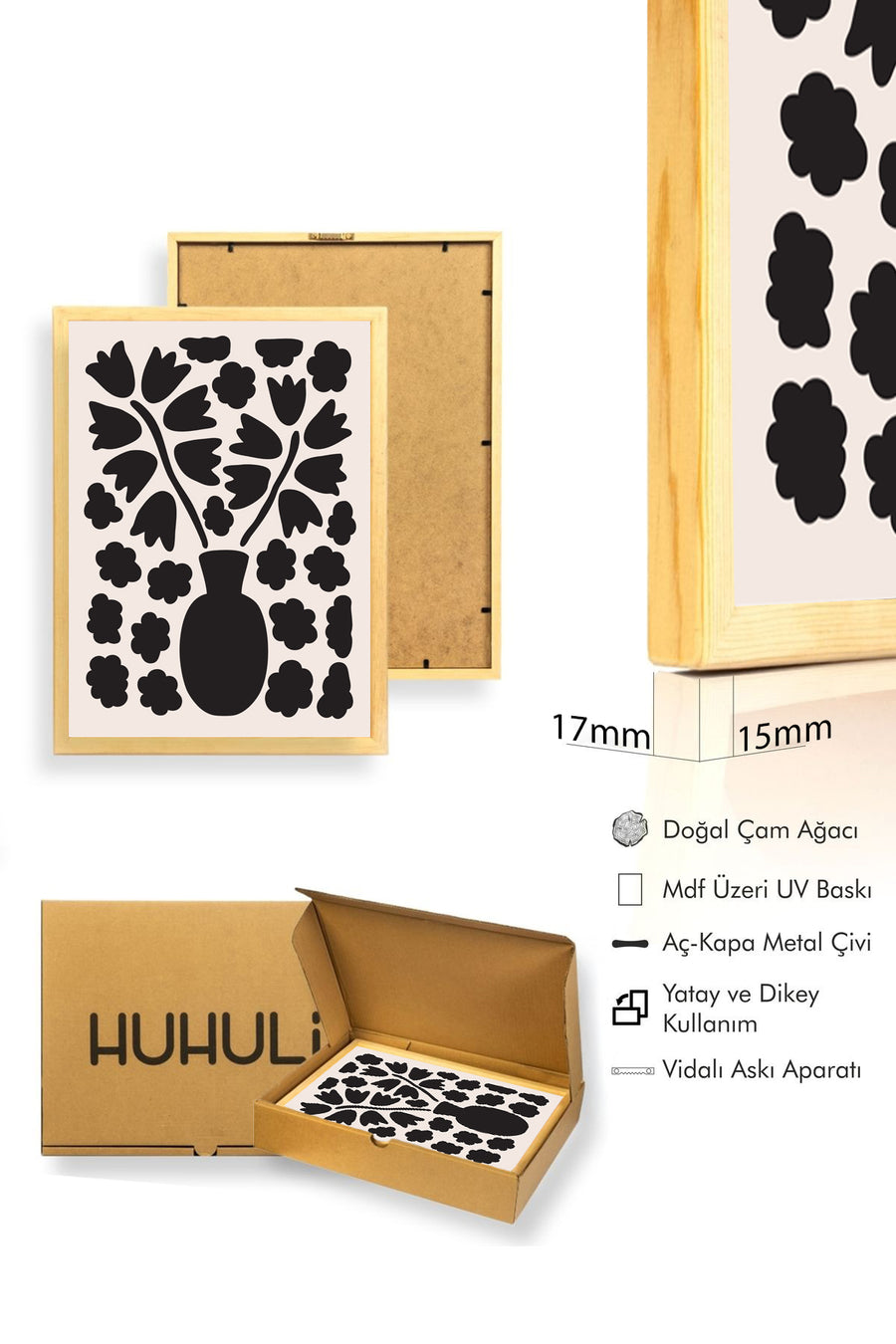 Doğal Ahşap Çerçeveli Retro Tablo - Botanik Çiçek Desenli | huhu2234