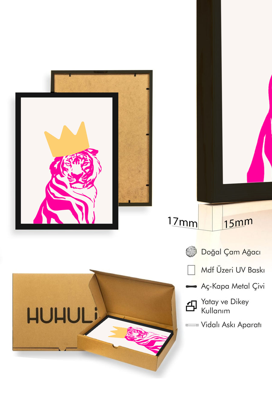 Doğal Ahşap Çerçeveli Retro Aslan Portre Tablo - Taçlı Kral Hayvan Sanatı | huhu2235