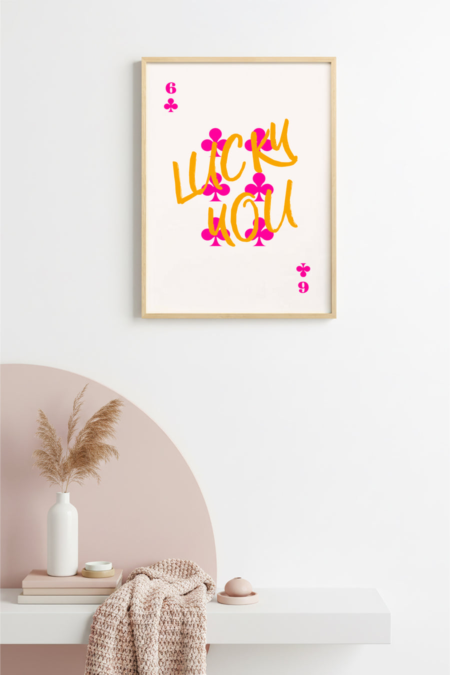 Doğal Ahşap Çerçeveli Retro Pop Art Tablo - Pembe ve Turuncu Lucky You | huhu2237