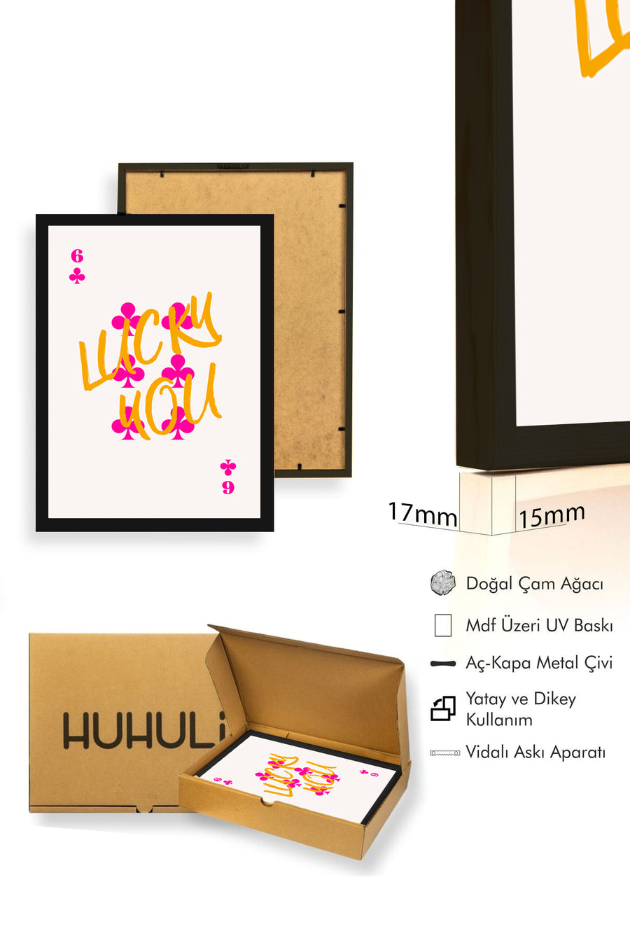Doğal Ahşap Çerçeveli Retro Pop Art Tablo - Pembe ve Turuncu Lucky You | huhu2237