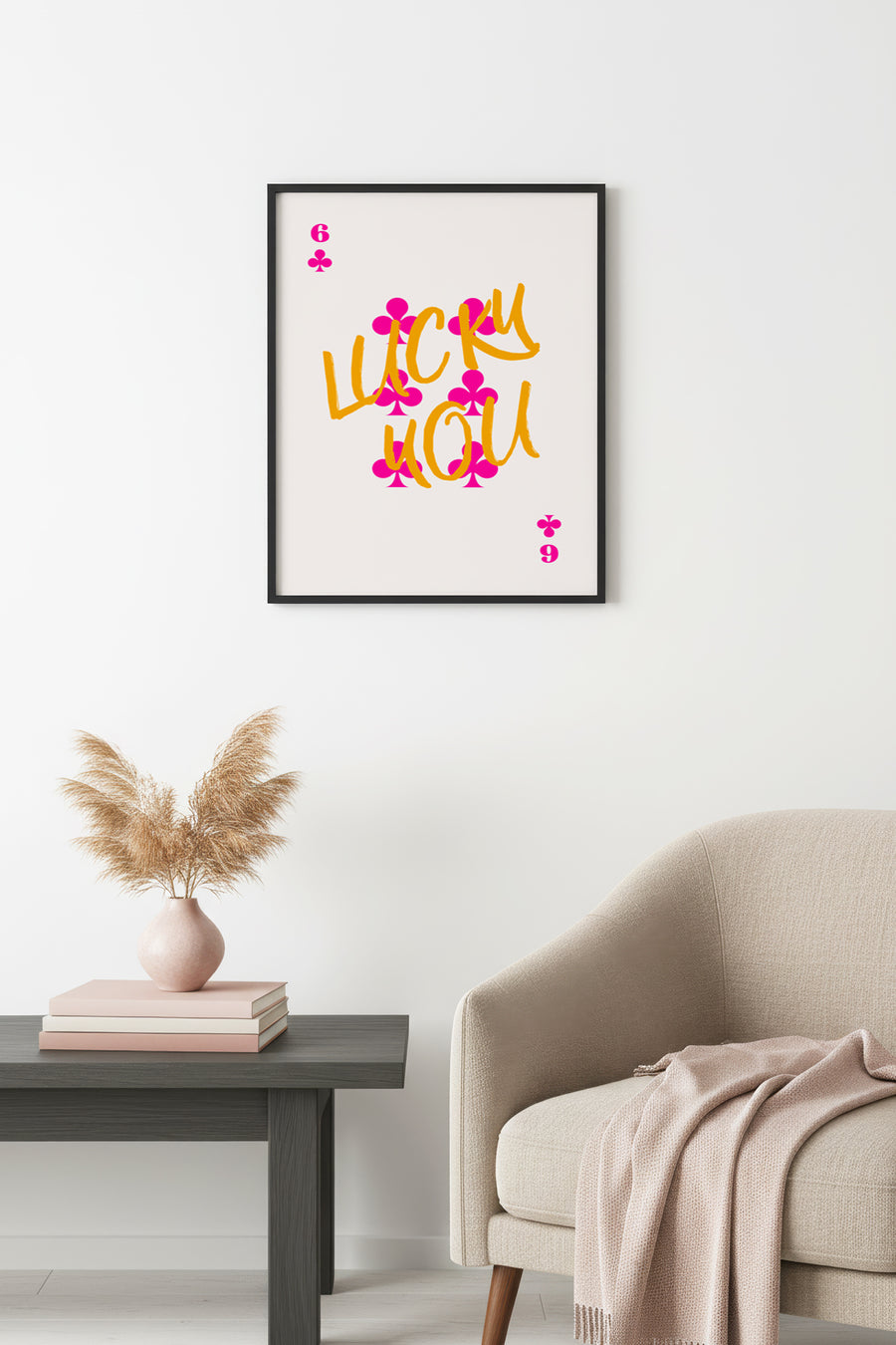 Doğal Ahşap Çerçeveli Retro Pop Art Tablo - Pembe ve Turuncu Lucky You | huhu2237
