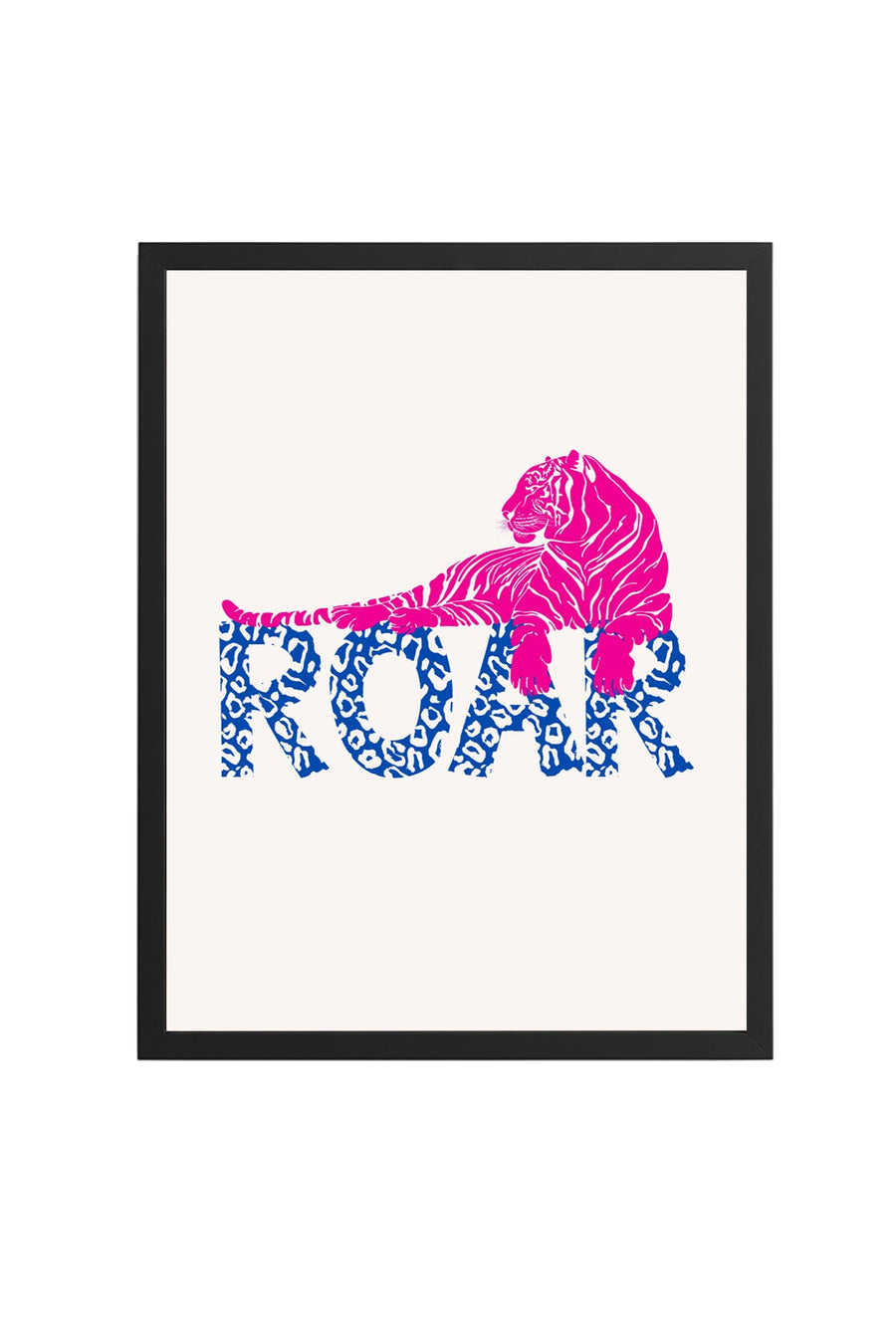 Doğal Ahşap Çerçeveli Retro Kaplan Tablo - Pembe ve Mavi Roar Deseni | huhu2239
