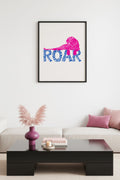 Doğal Ahşap Çerçeveli Retro Kaplan Tablo - Pembe ve Mavi Roar Deseni | huhu2239