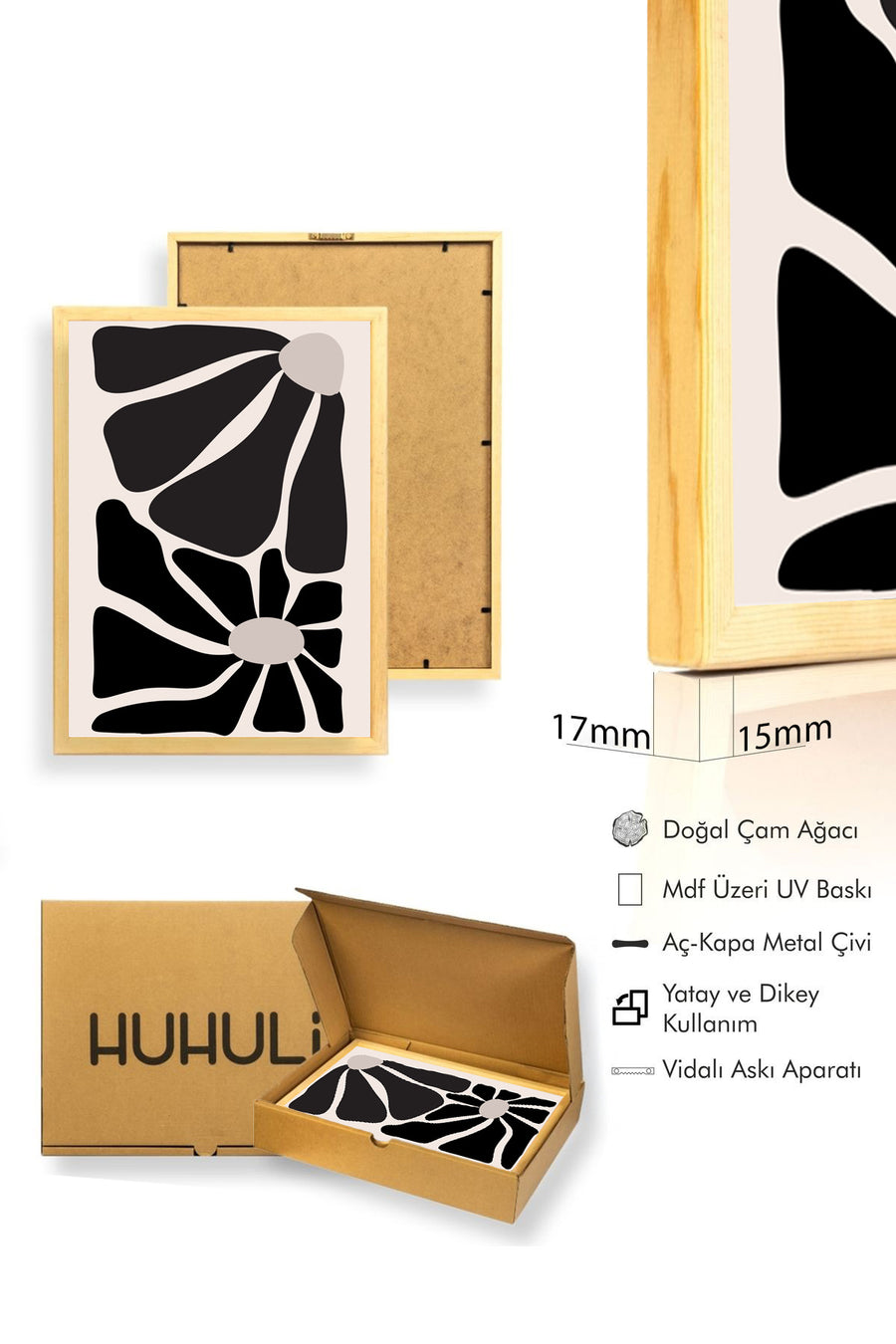 Doğal Ahşap Çerçeveli Retro Tablo - Soyut Floral Desenli Tablo | huhu2240