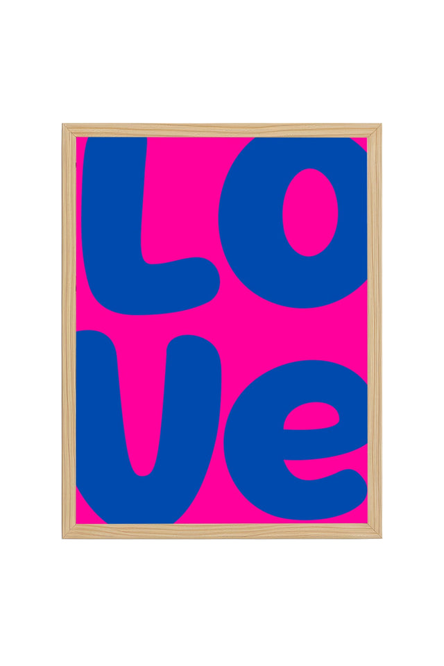 Doğal Ahşap Çerçeveli Pop Art Love Tablo - Retro Pembe Mavi | huhu2247