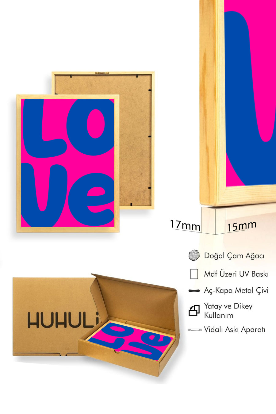 Doğal Ahşap Çerçeveli Pop Art Love Tablo - Retro Pembe Mavi | huhu2247