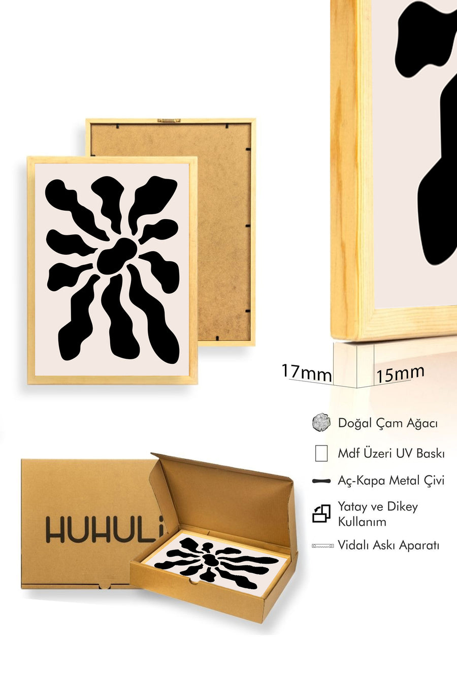 Doğal Ahşap Çerçeveli Soyut Retro Tablo - Grafik Desen | huhu2249