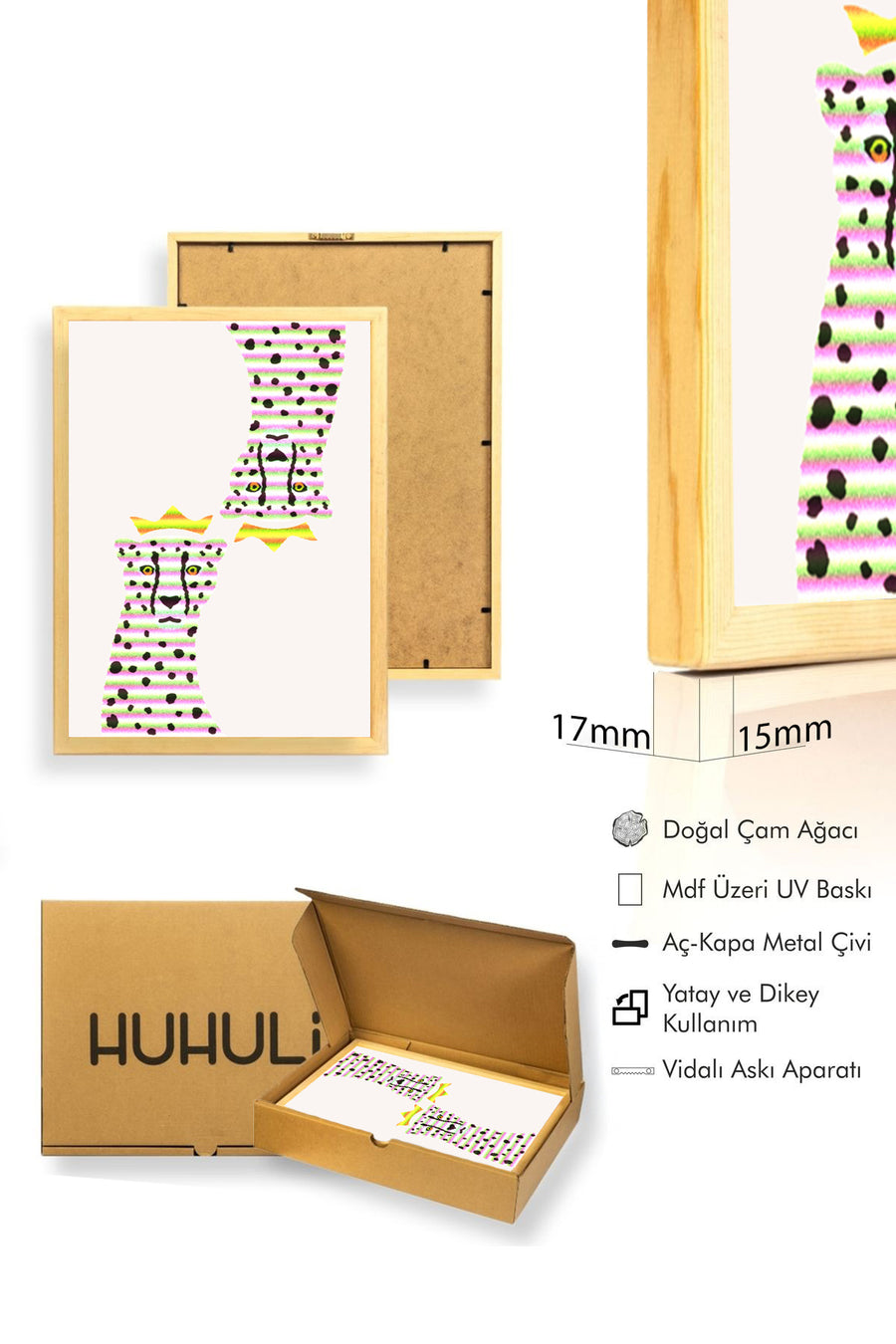 Doğal Ahşap Çerçeveli Retro Tablo - Leopar Desenli Pop Art Soyut | huhu2250