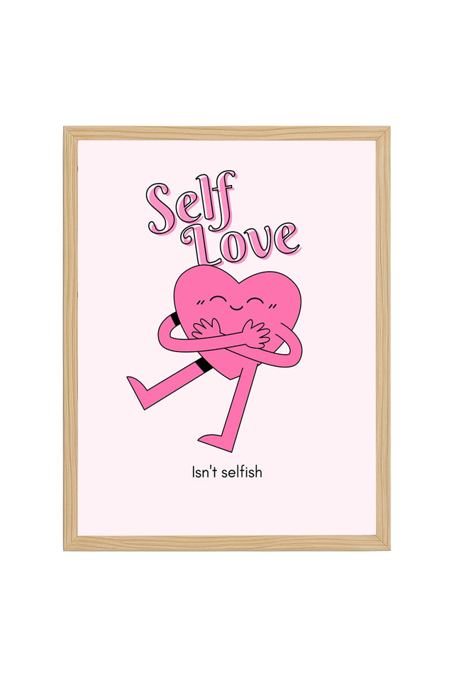Doğal Ahşap Çerçeveli Retro Self Love Tablo - Pembe Tonlar | huhu2251