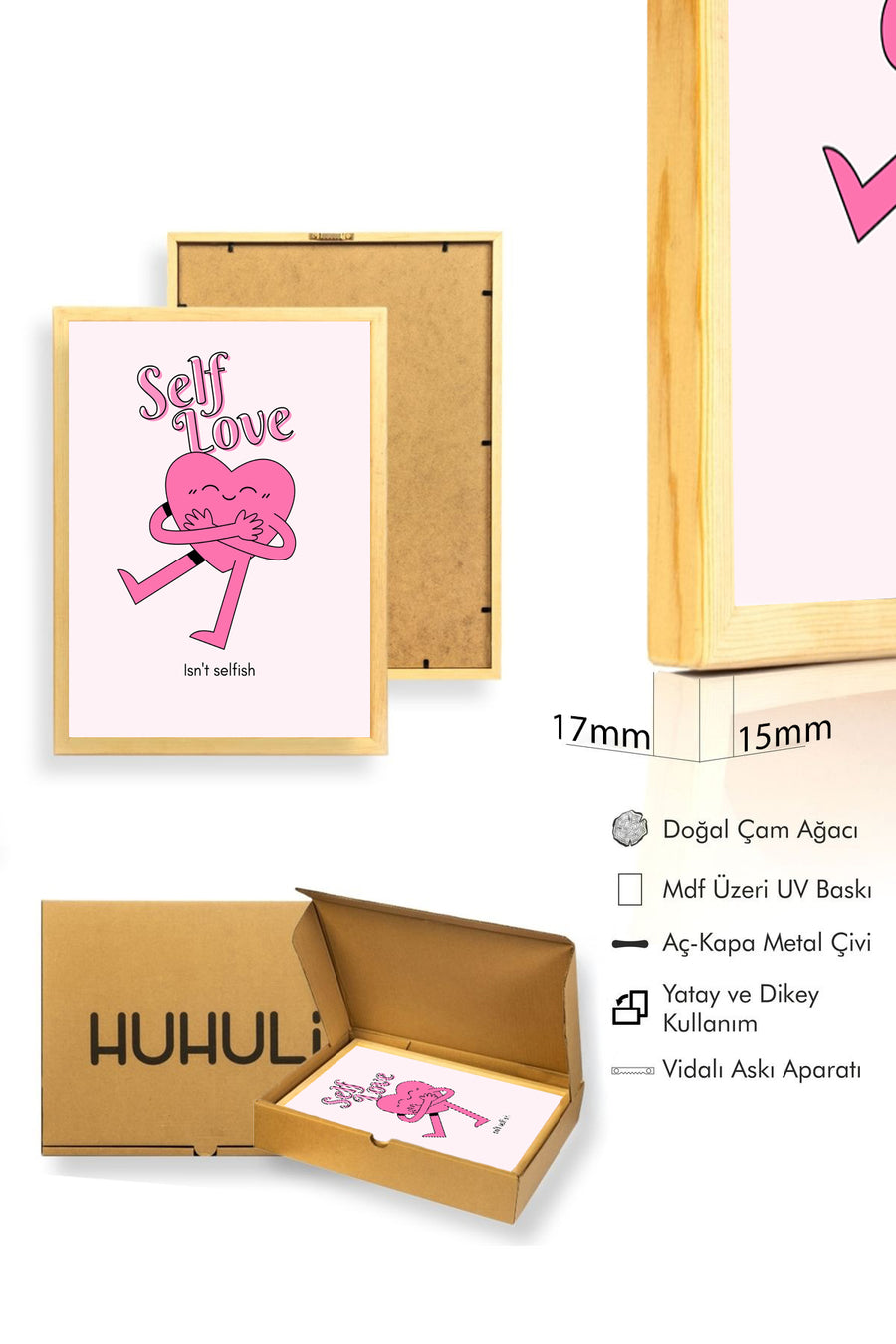 Doğal Ahşap Çerçeveli Retro Self Love Tablo - Pembe Tonlar | huhu2251