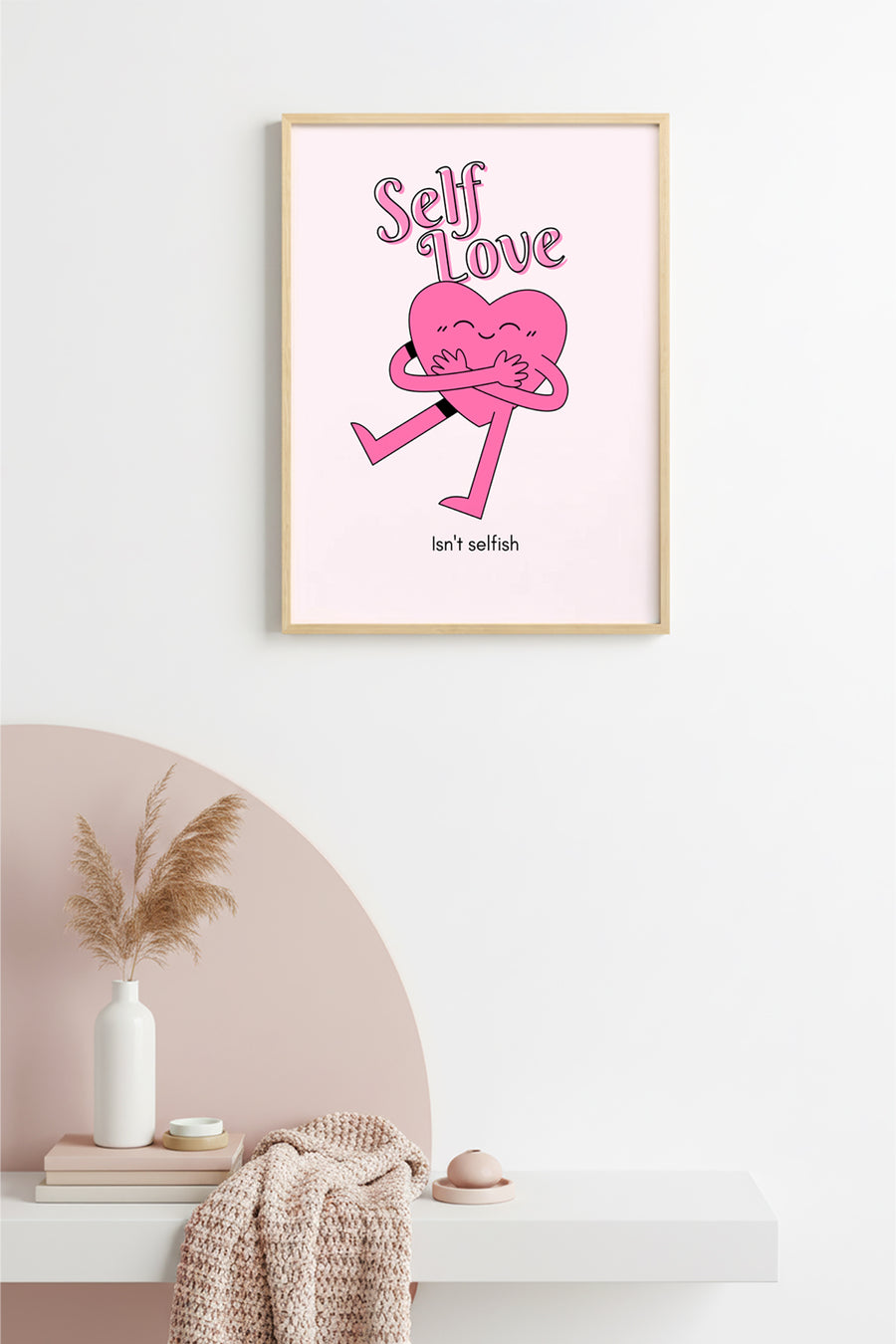 Doğal Ahşap Çerçeveli Retro Self Love Tablo - Pembe Tonlar | huhu2251