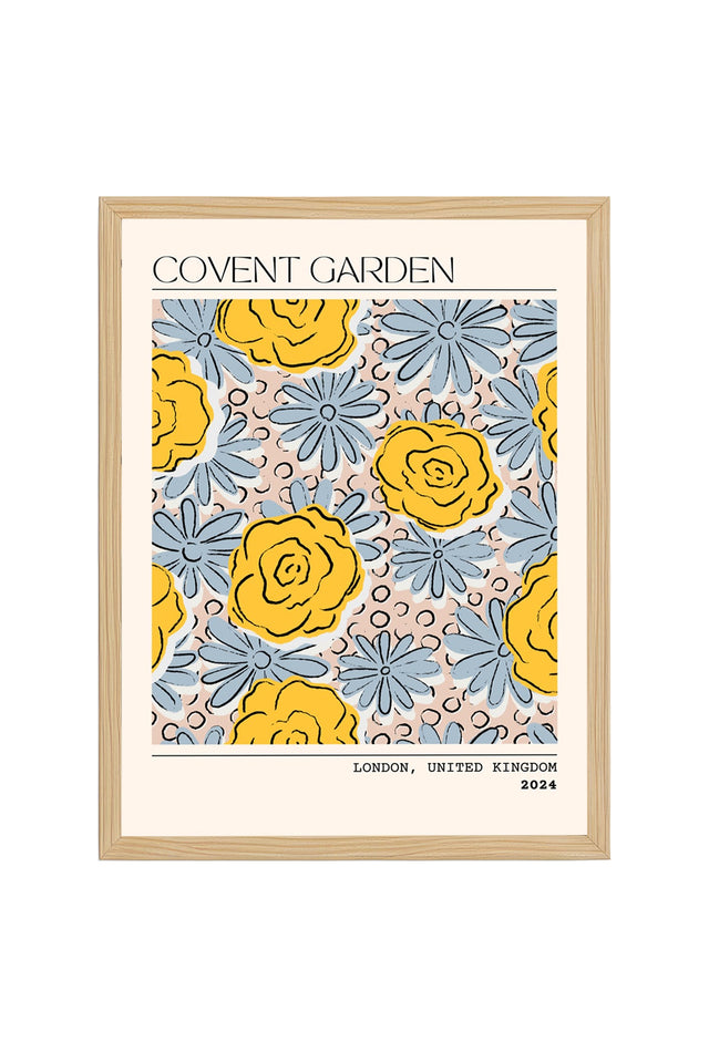 Doğal Ahşap Çerçeveli Retro Çiçek Desenli Tablo - Sarı Mavi Tonlar | huhu2255