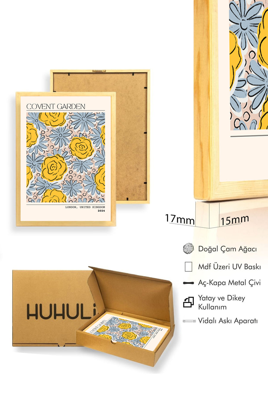Doğal Ahşap Çerçeveli Retro Çiçek Desenli Tablo - Sarı Mavi Tonlar | huhu2255