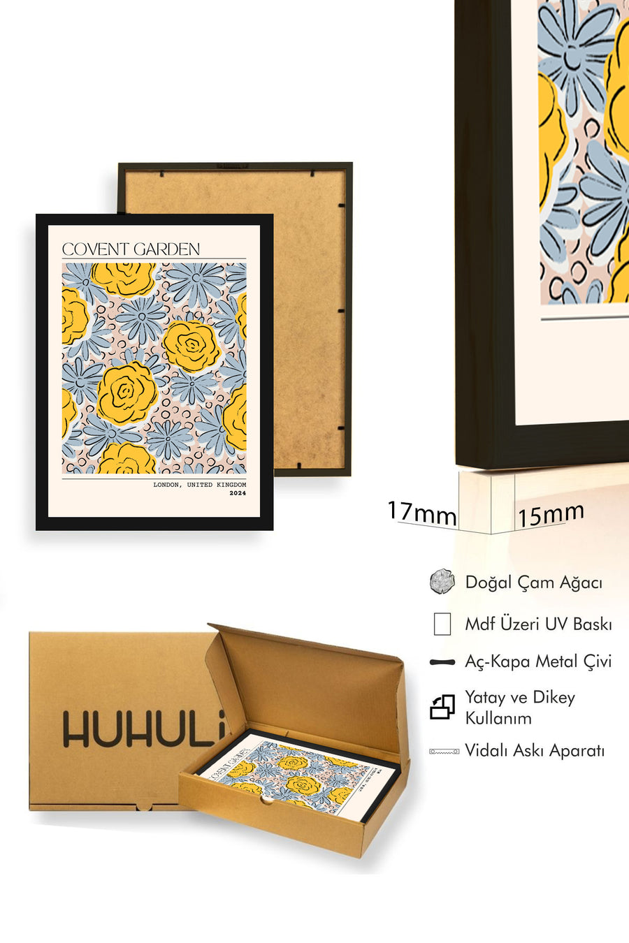 Doğal Ahşap Çerçeveli Retro Çiçek Desenli Tablo - Sarı Mavi Tonlar | huhu2255