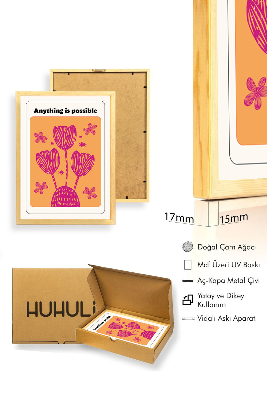 Doğal Ahşap Çerçeveli Retro Floral Tablo - Canlı Çiçek Desenli | huhu2256