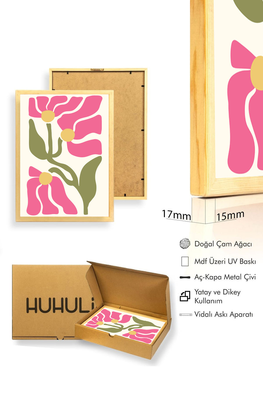 Doğal Ahşap Çerçeveli Retro Çiçek Desenli Tablo - Pembe Tonlar | huhu2257
