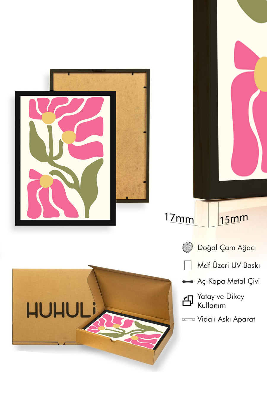 Doğal Ahşap Çerçeveli Retro Çiçek Desenli Tablo - Pembe Tonlar | huhu2257