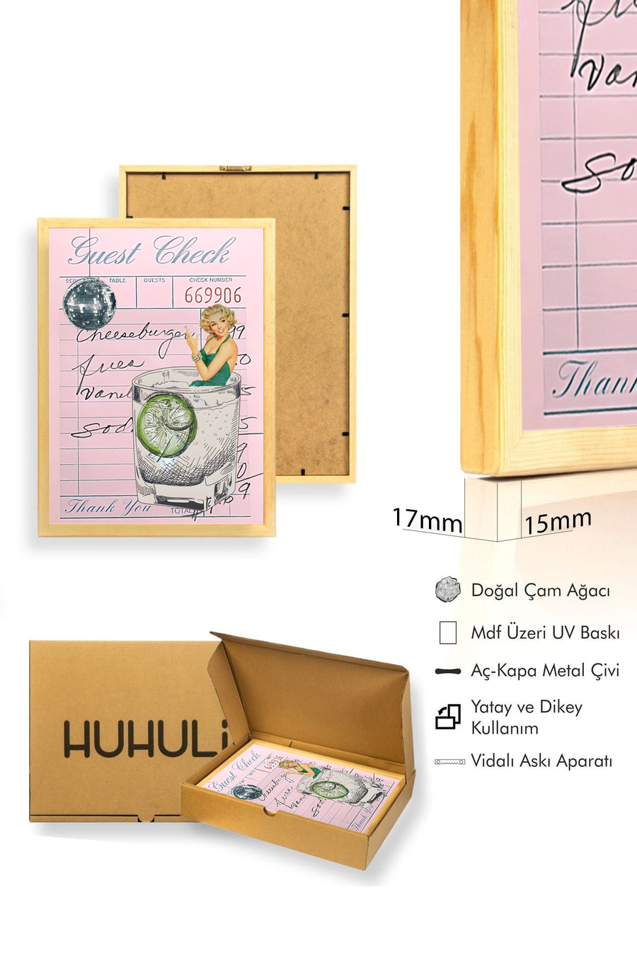 Doğal Ahşap Çerçeveli Retro Tablo - Vintage Kadın Portresi ve Yaz Teması | huhu2259