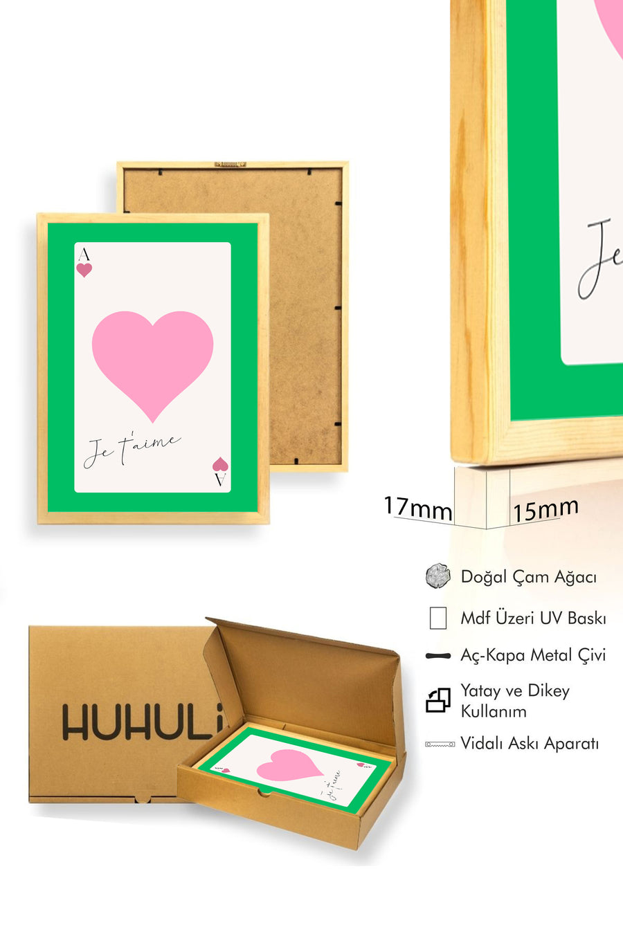 Doğal Ahşap Çerçeveli Retro Tablo - Pembe Kalp Aşk Temalı | huhu2261