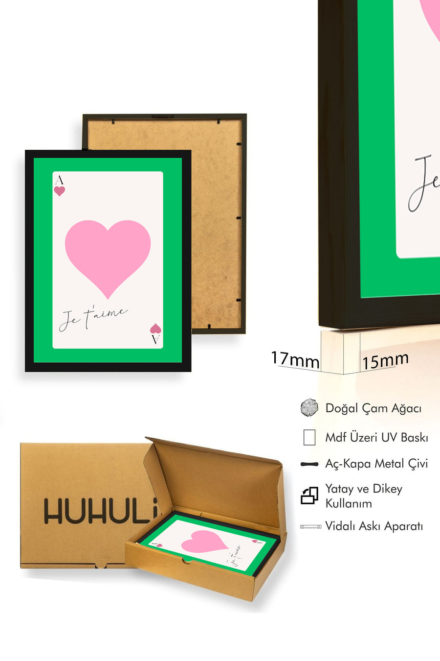 Doğal Ahşap Çerçeveli Retro Tablo - Pembe Kalp Aşk Temalı | huhu2261
